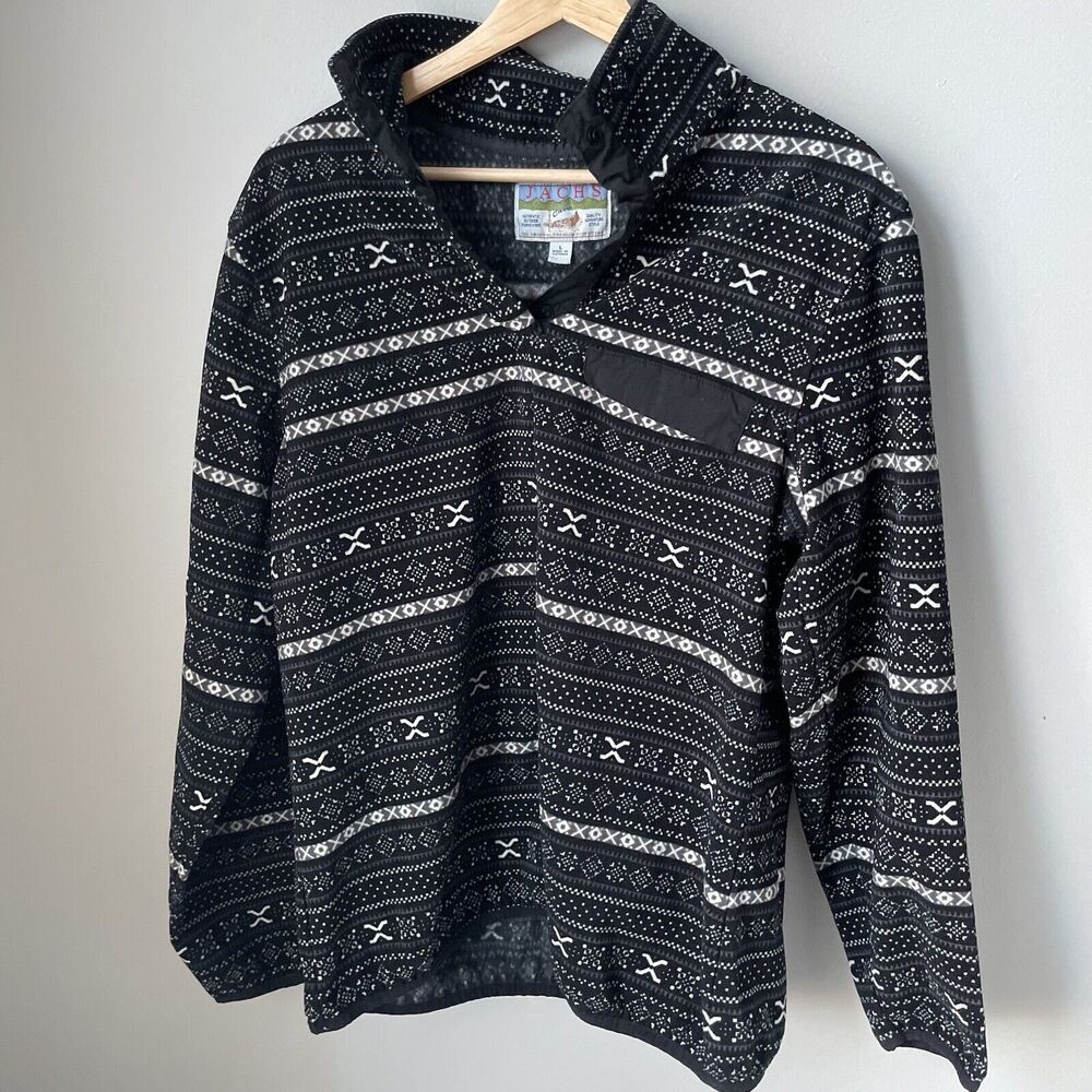 Jachs Cabin Women's Brushed Fleece Pullover‎ Sweater Black Fair Isle Size Large